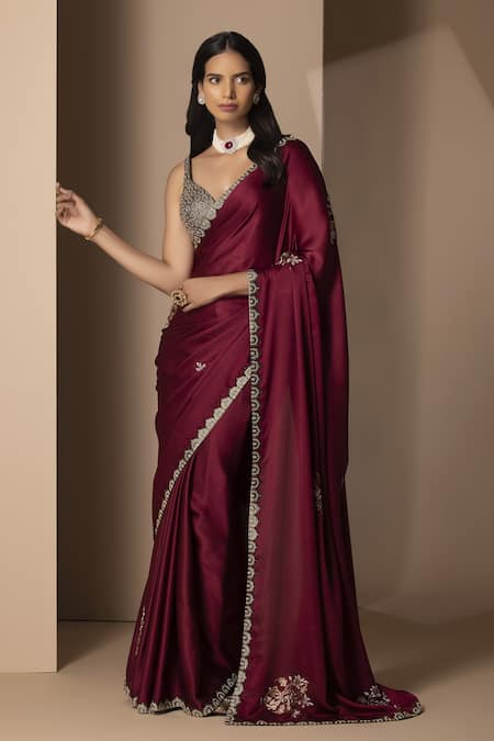 Buy Chhaya Mehrotra Maroon Silk Satin Saree With Blouse Online at Aza Fashions Buy_Chhaya Mehrotra_Maroon Silk Satin Saree With Blouse _Online_at_Aza_Fashions