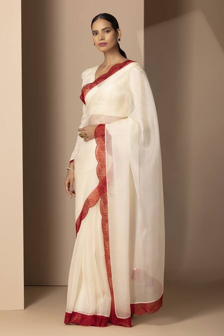 Chhaya Mehrotra White Organza V Neck Saree With Blouse Online at Aza Fashions Chhaya Mehrotra_White Organza V Neck Saree With Blouse _Online_at_Aza_Fashions