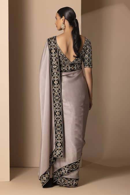 Shop Chhaya Mehrotra Grey Silk Satin V Neck Saree With Blouse at Aza Fashions Shop_Chhaya Mehrotra_Grey Silk Satin V Neck Saree With Blouse _at_Aza_Fashions