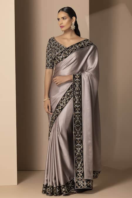 Chhaya Mehrotra Grey Silk Satin V Neck Saree With Blouse Online at Aza Fashions Chhaya Mehrotra_Grey Silk Satin V Neck Saree With Blouse _Online_at_Aza_Fashions