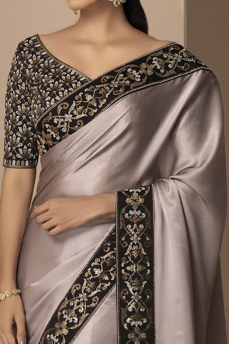 Buy Chhaya Mehrotra Grey Silk Satin V Neck Saree With Blouse Online at Aza Fashions Buy_Chhaya Mehrotra_Grey Silk Satin V Neck Saree With Blouse _Online_at_Aza_Fashions