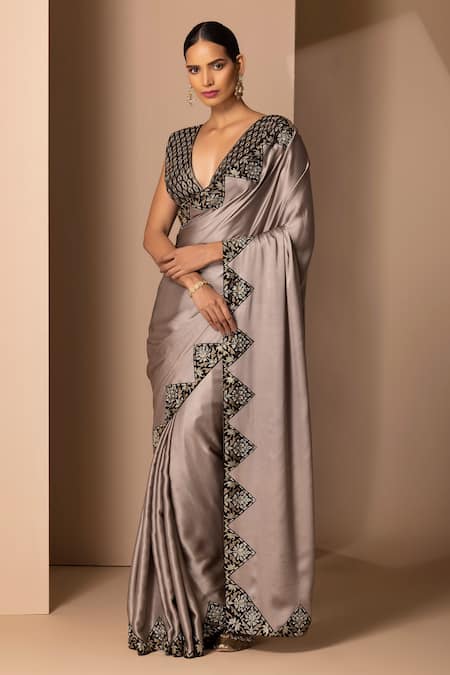 Chhaya Mehrotra Grey Silk Satin Embroidery V Neck Saree With Blouse 