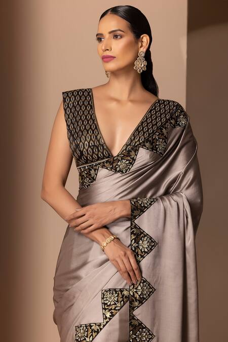 Buy Chhaya Mehrotra Grey Silk Satin V Neck Saree With Blouse Online at Aza Fashions Buy_Chhaya Mehrotra_Grey Silk Satin V Neck Saree With Blouse _Online_at_Aza_Fashions