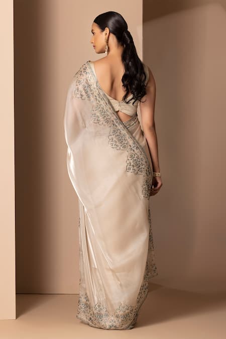 Shop Chhaya Mehrotra White Metallic Sheen, Soft Organza V Neck Embellished Saree With Blouse at Aza Fashions Shop_Chhaya Mehrotra_White Metallic Sheen, Soft Organza V Neck Embellished Saree With Blouse _at_Aza_Fashions