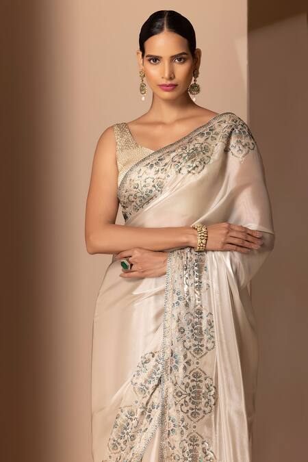 Chhaya Mehrotra White Metallic Sheen, Soft Organza V Neck Embellished Saree With Blouse Online at Aza Fashions Chhaya Mehrotra_White Metallic Sheen, Soft Organza V Neck Embellished Saree With Blouse _Online_at_Aza_Fashions