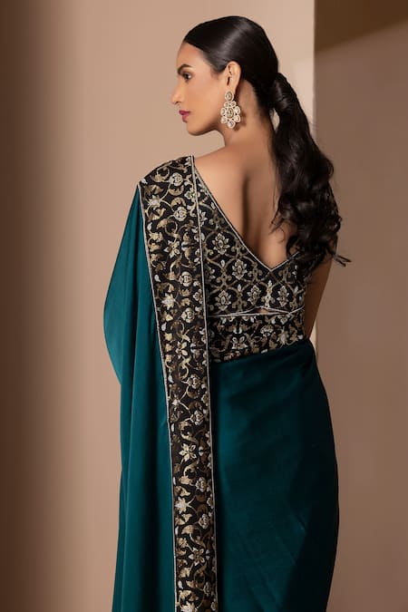 Shop Chhaya Mehrotra Green Silk Satin V Neck Saree With Blouse at Aza Fashions Shop_Chhaya Mehrotra_Green Silk Satin V Neck Saree With Blouse _at_Aza_Fashions
