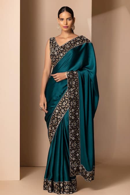 Chhaya Mehrotra Green Silk Satin V Neck Saree With Blouse Online at Aza Fashions Chhaya Mehrotra_Green Silk Satin V Neck Saree With Blouse _Online_at_Aza_Fashions