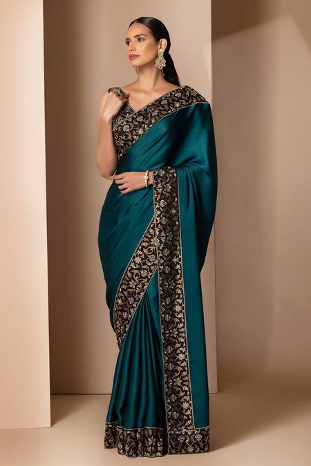 Buy Chhaya Mehrotra Green Silk Satin V Neck Saree With Blouse Online at Aza Fashions Buy_Chhaya Mehrotra_Green Silk Satin V Neck Saree With Blouse _Online_at_Aza_Fashions