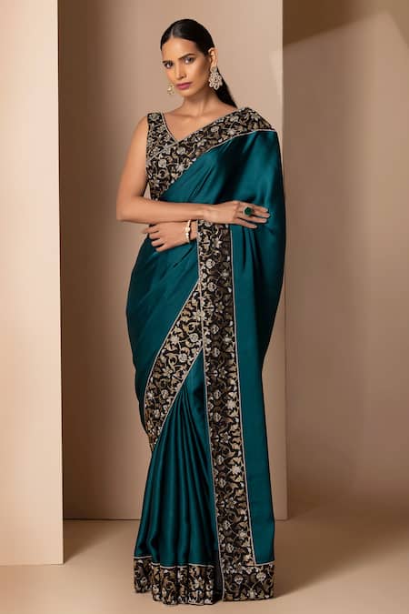 Shop Chhaya Mehrotra Green Silk Satin V Neck Saree With Blouse Online at Aza Fashions Shop_Chhaya Mehrotra_Green Silk Satin V Neck Saree With Blouse _Online_at_Aza_Fashions