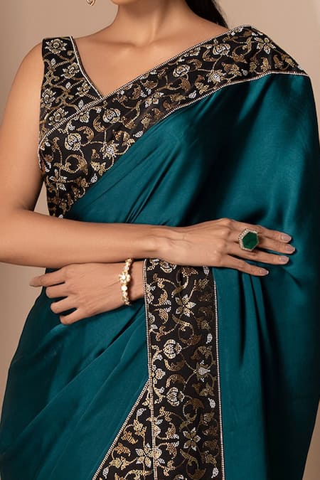 Chhaya Mehrotra Green Silk Satin V Neck Saree With Blouse at Aza Fashions Chhaya Mehrotra_Green Silk Satin V Neck Saree With Blouse _at_Aza_Fashions