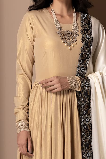 Buy_Chhaya Mehrotra_Gold Metallic Silk Round Anarkali Set _Online_at_Aza_Fashions