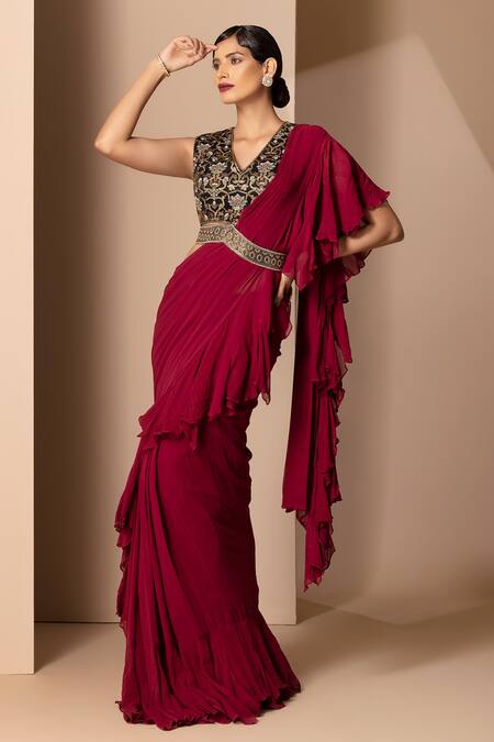 Chhaya Mehrotra_Maroon Silk Georgette V Neck Ruffle Pre-draped Saree Set _Online_at_Aza_Fashions