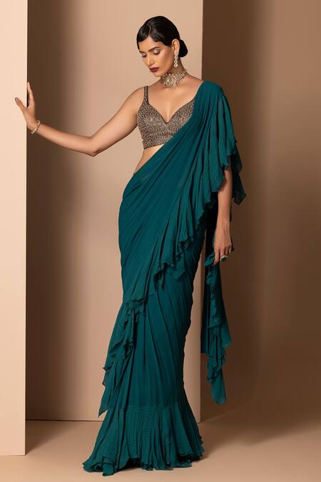 Chhaya Mehrotra_Green Silk Georgette V Neck Ruffle Pre-draped Saree Set _Online_at_Aza_Fashions
