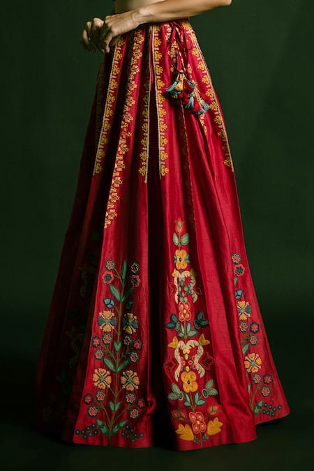 Buy_Chandrima_Red Chanderi Pleated Lehenga _Online_at_Aza_Fashions