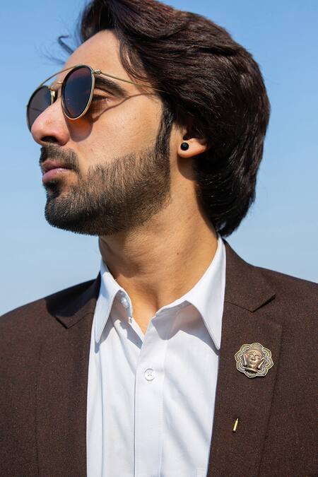Cosa Nostraa_Gold Buddha Myth Cufflink Brooch And Lapel Pin Set_Online_at_Aza_Fashions