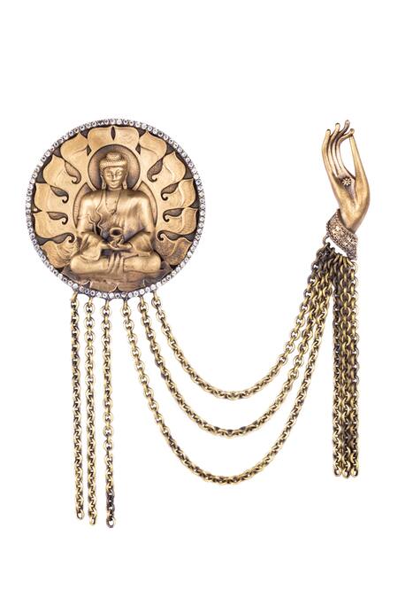 Shop_Cosa Nostraa_Gold Buddha Myth Cufflink Brooch And Lapel Pin Set_Online_at_Aza_Fashions