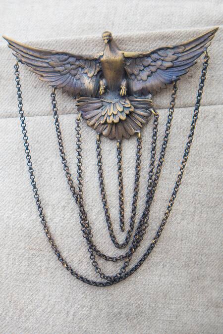 Shop_Cosa Nostraa_Gold Hudson Hawk Cufflink Brooch And Lapel Pin Set_Online_at_Aza_Fashions