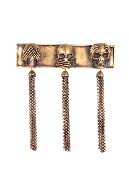 Buy_Cosa Nostraa_Gold Three Wise Skull Cufflink Brooch And Lapel Pin Set_Online_at_Aza_Fashions