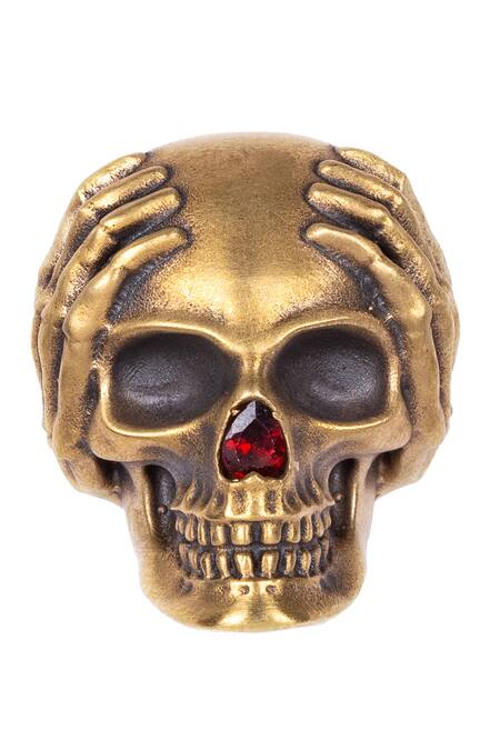 Shop_Cosa Nostraa_Gold Three Wise Skull Cufflink Brooch And Lapel Pin Set_Online_at_Aza_Fashions