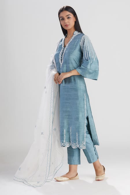 Megha Bansal Blue Raw Silk Organza Kurta Set 