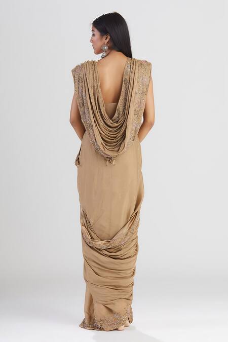 Shop_Megha Bansal_Brown Chiffon Embroidered Saree Gown _at_Aza_Fashions
