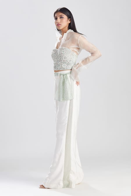 Megha Bansal White Tulle, Cotton , Organza Shirt And Pant Set