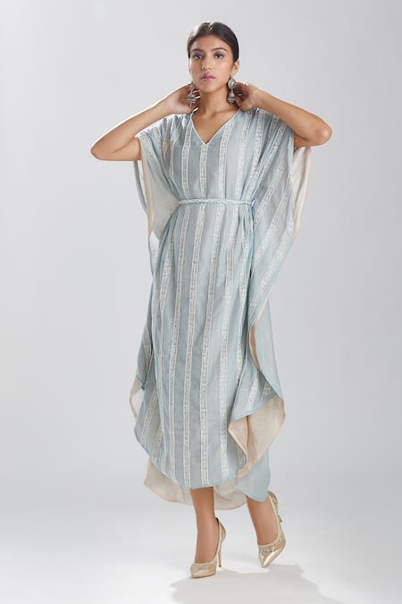 Megha Bansal Blue Silk Chanderi Kaftan With Belt