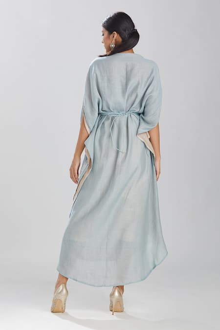 Shop Megha Bansal Blue Silk Chanderi Kaftan With Belt at Aza Fashions Shop_Megha Bansal_Blue Silk Chanderi Kaftan With Belt _at_Aza_Fashions