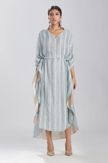 Megha Bansal Blue Silk Chanderi Kaftan With Belt Online at Aza Fashions Megha Bansal_Blue Silk Chanderi Kaftan With Belt _Online_at_Aza_Fashions