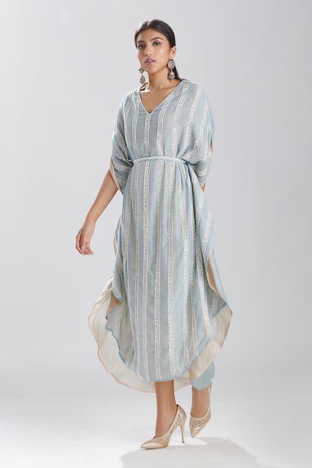 Buy Megha Bansal Blue Silk Chanderi Kaftan With Belt Online at Aza Fashions Buy_Megha Bansal_Blue Silk Chanderi Kaftan With Belt _Online_at_Aza_Fashions