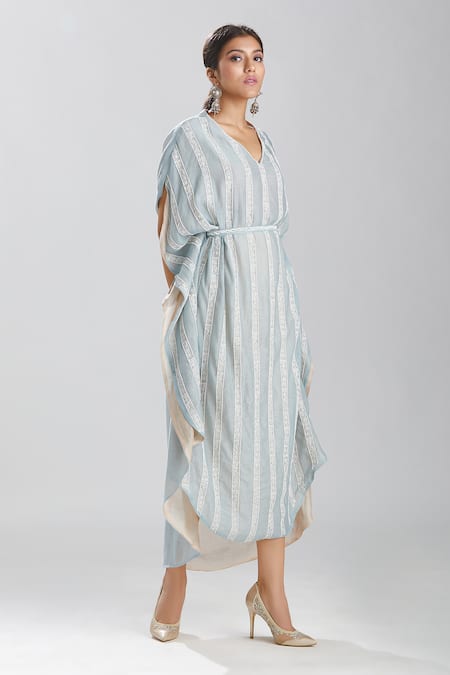 Shop Megha Bansal Blue Silk Chanderi Kaftan With Belt Online at Aza Fashions Shop_Megha Bansal_Blue Silk Chanderi Kaftan With Belt _Online_at_Aza_Fashions