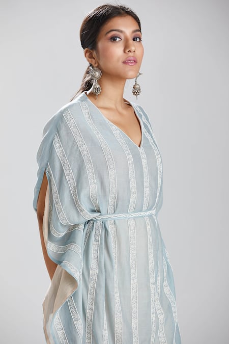 Megha Bansal Blue Silk Chanderi Kaftan With Belt at Aza Fashions Megha Bansal_Blue Silk Chanderi Kaftan With Belt _at_Aza_Fashions