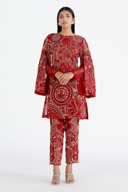Megha Bansal Red Organza, Chanderi Pearls, Hand Embroidered Kurta And Pant Set 