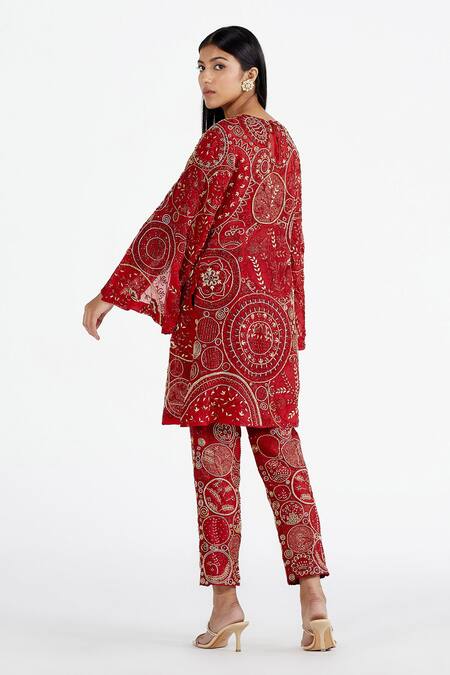 Shop Megha Bansal Red Organza, Chanderi Pearls, Hand Embroidered Kurta And Pant Set at Aza Fashions Shop_Megha Bansal_Red Organza, Chanderi Pearls, Hand Embroidered Kurta And Pant Set _at_Aza_Fashions