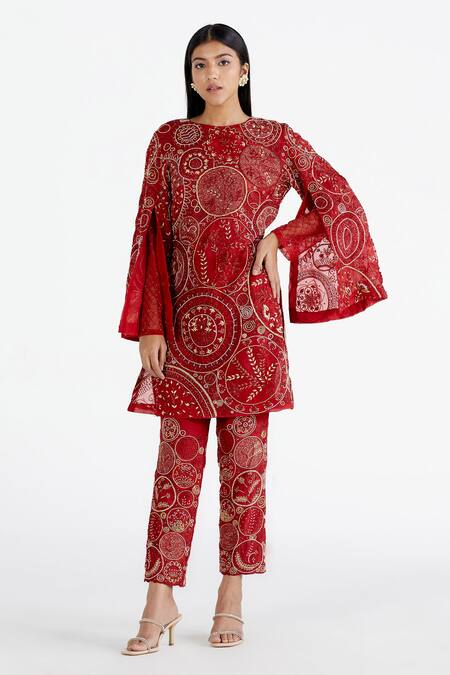 Buy Megha Bansal Red Organza, Chanderi Pearls, Hand Embroidered Kurta And Pant Set Online at Aza Fashions Buy_Megha Bansal_Red Organza, Chanderi Pearls, Hand Embroidered Kurta And Pant Set _Online_at_Aza_Fashions