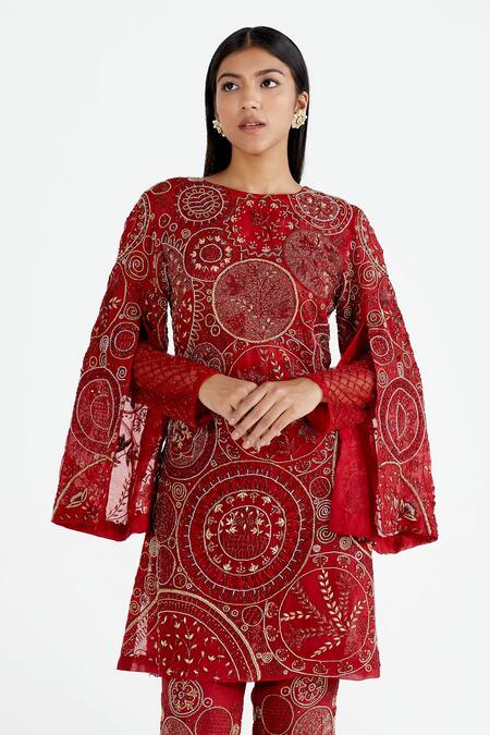 Shop Megha Bansal Red Organza, Chanderi Pearls, Hand Embroidered Kurta And Pant Set Online at Aza Fashions Shop_Megha Bansal_Red Organza, Chanderi Pearls, Hand Embroidered Kurta And Pant Set _Online_at_Aza_Fashions