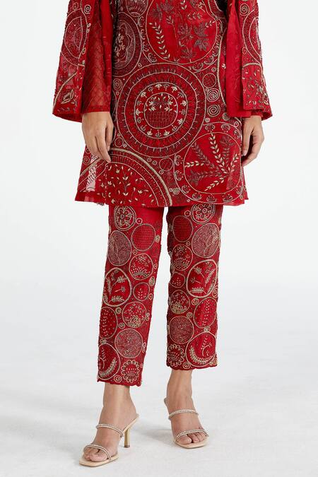 Megha Bansal Red Organza, Chanderi Pearls, Hand Embroidered Kurta And Pant Set at Aza Fashions Megha Bansal_Red Organza, Chanderi Pearls, Hand Embroidered Kurta And Pant Set _at_Aza_Fashions
