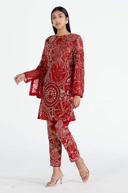 Megha Bansal Red Organza, Chanderi Round Kurta And Pant Set Online at Aza Fashions Megha Bansal_Red Organza, Chanderi Round Kurta And Pant Set_Online_at_Aza_Fashions