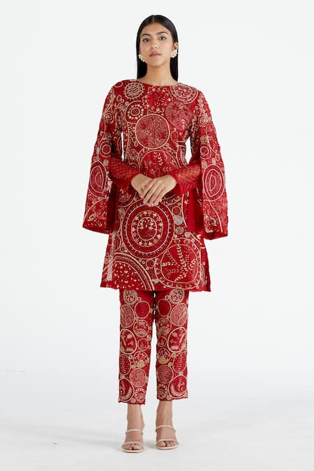 Buy Megha Bansal Red Organza, Chanderi Round Kurta And Pant Set Online at Aza Fashions Buy_Megha Bansal_Red Organza, Chanderi Round Kurta And Pant Set_Online_at_Aza_Fashions