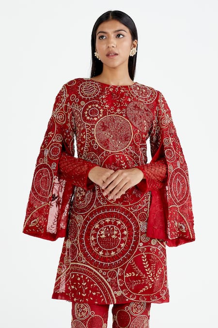 Shop Megha Bansal Red Organza, Chanderi Round Kurta And Pant Set Online at Aza Fashions Shop_Megha Bansal_Red Organza, Chanderi Round Kurta And Pant Set_Online_at_Aza_Fashions