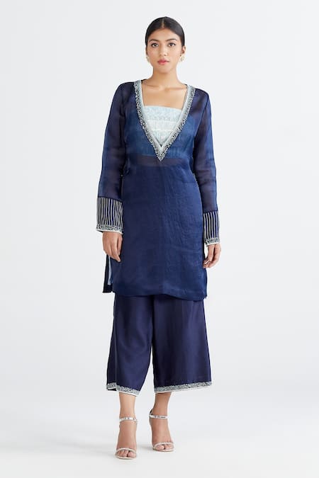 Megha Bansal Blue Satin Organza, Chanderi Geometric, Neel Aarzoo Embellished Set 