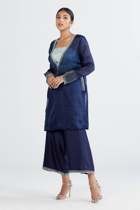 Buy Megha Bansal Blue Satin Organza, Chanderi Geometric, Neel Aarzoo Embellished Set Online at Aza Fashions Buy_Megha Bansal_Blue Satin Organza, Chanderi Geometric, Neel Aarzoo Embellished Set _Online_at_Aza_Fashions