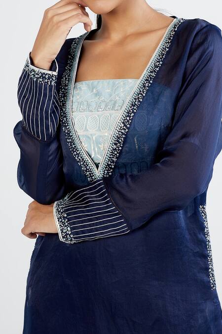 Shop Megha Bansal Blue Satin Organza, Chanderi Geometric, Neel Aarzoo Embellished Set Online at Aza Fashions Shop_Megha Bansal_Blue Satin Organza, Chanderi Geometric, Neel Aarzoo Embellished Set _Online_at_Aza_Fashions