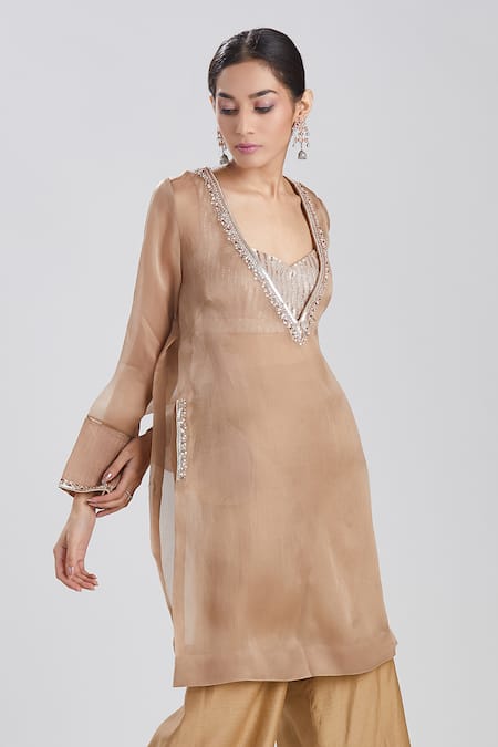 Shop Megha Bansal Brown Satin Organza, Chanderi Kurta And Pant Set at Aza Fashions Shop_Megha Bansal_Brown Satin Organza, Chanderi Kurta And Pant Set_at_Aza_Fashions