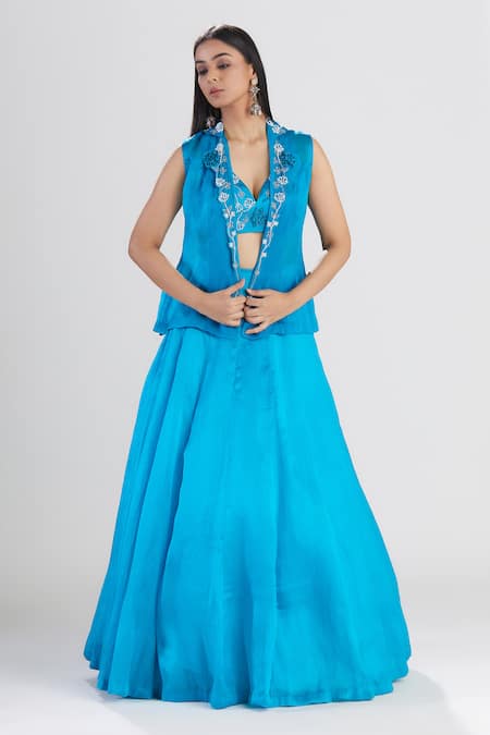 Megha Bansal Satin Silk Organza Jacket Lehenga Set 