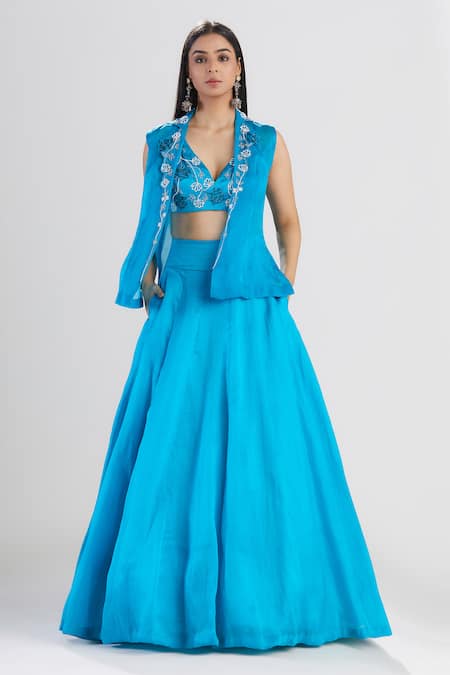 Megha Bansal_Blue Satin Silk Organza Jacket Lehenga Set _Online_at_Aza_Fashions
