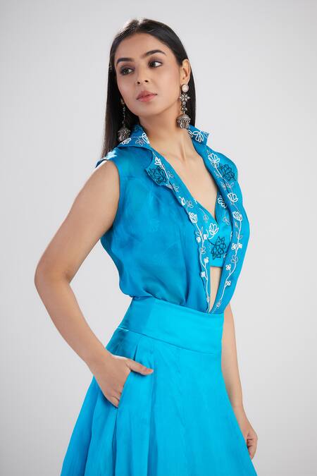 Buy_Megha Bansal_Blue Satin Silk Organza Jacket Lehenga Set _Online_at_Aza_Fashions