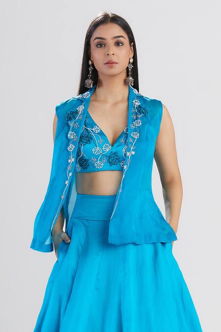 Shop_Megha Bansal_Blue Satin Silk Organza Jacket Lehenga Set _Online_at_Aza_Fashions