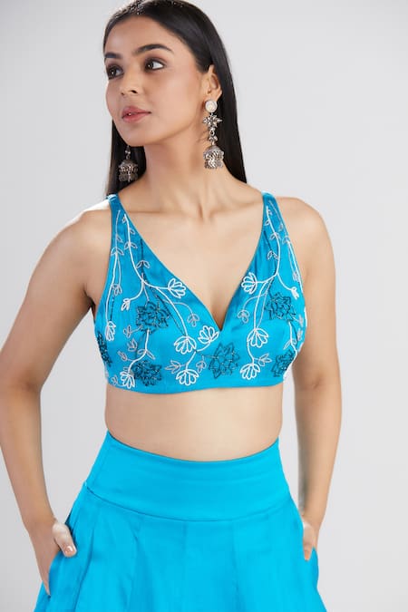 Megha Bansal_Blue Satin Silk Organza Jacket Lehenga Set _at_Aza_Fashions