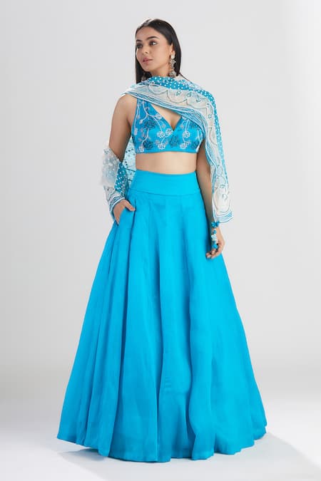 Shop Megha Bansal Blue Silk Organza Lehenga Set at Aza Fashions Shop_Megha Bansal_Blue Silk Organza Lehenga Set_at_Aza_Fashions